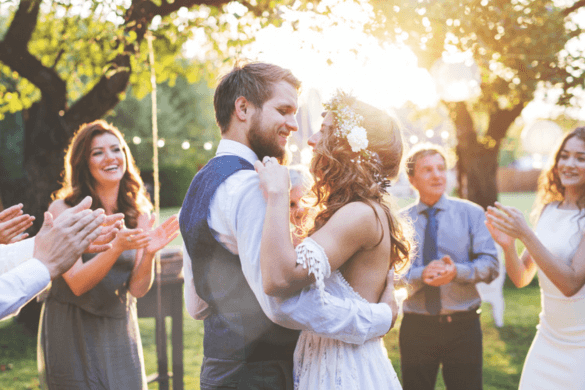 bride and groom embracing