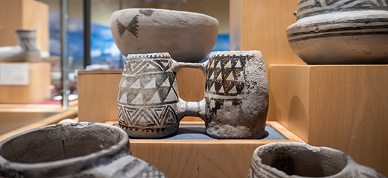 An exhibit of Native American pottery in a museum