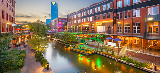 The Bricktown waterfront at sunset